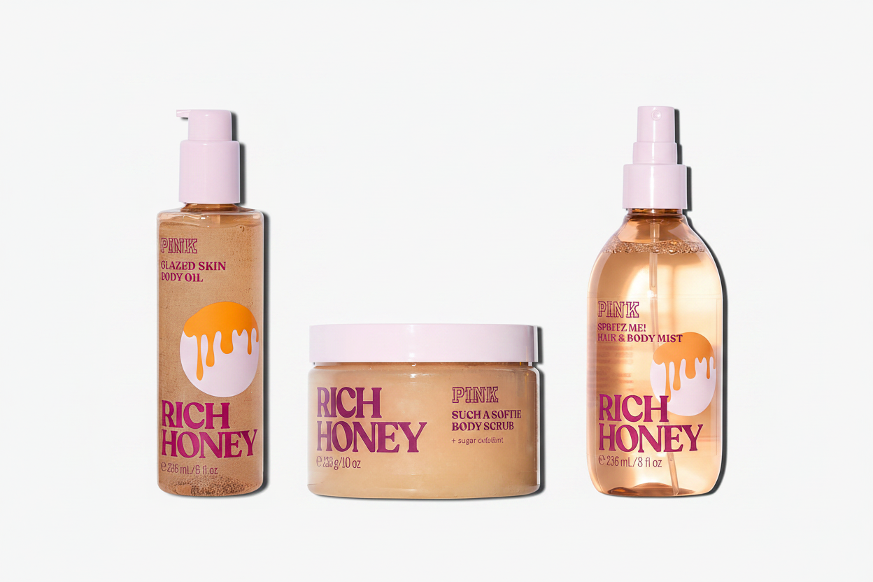 PINK Rich Honey - Body Oil, Body Scrub & Hair Body Mist Combo